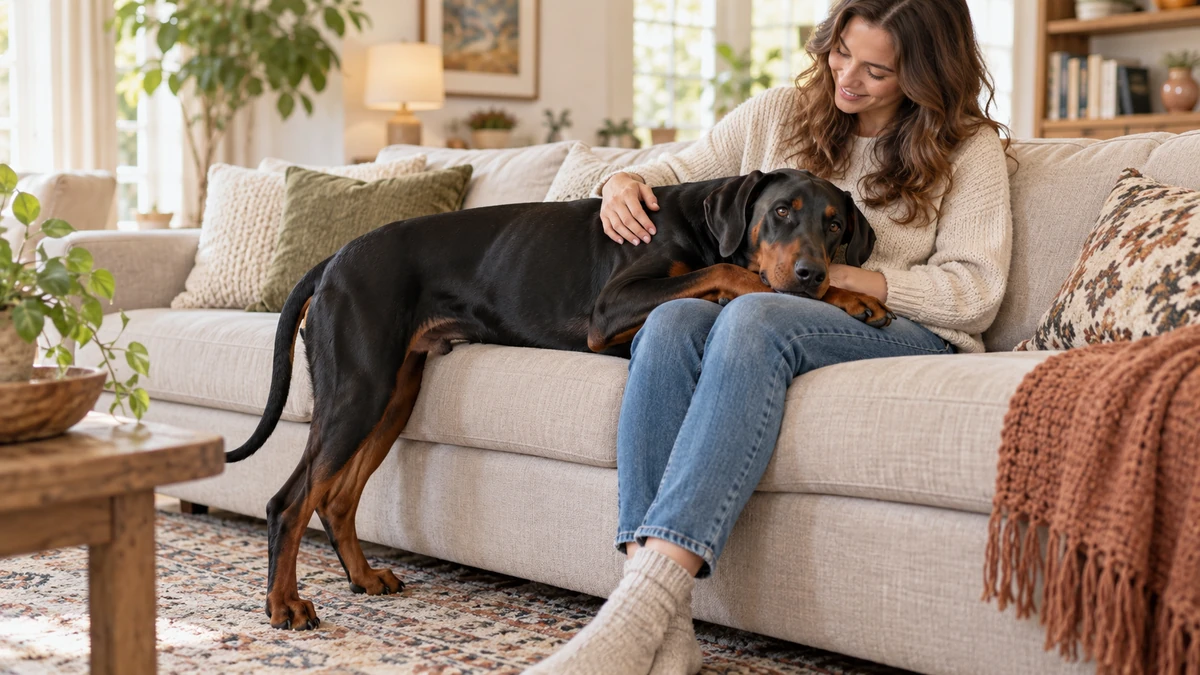 Doberman köpek — sahibinin kucağında