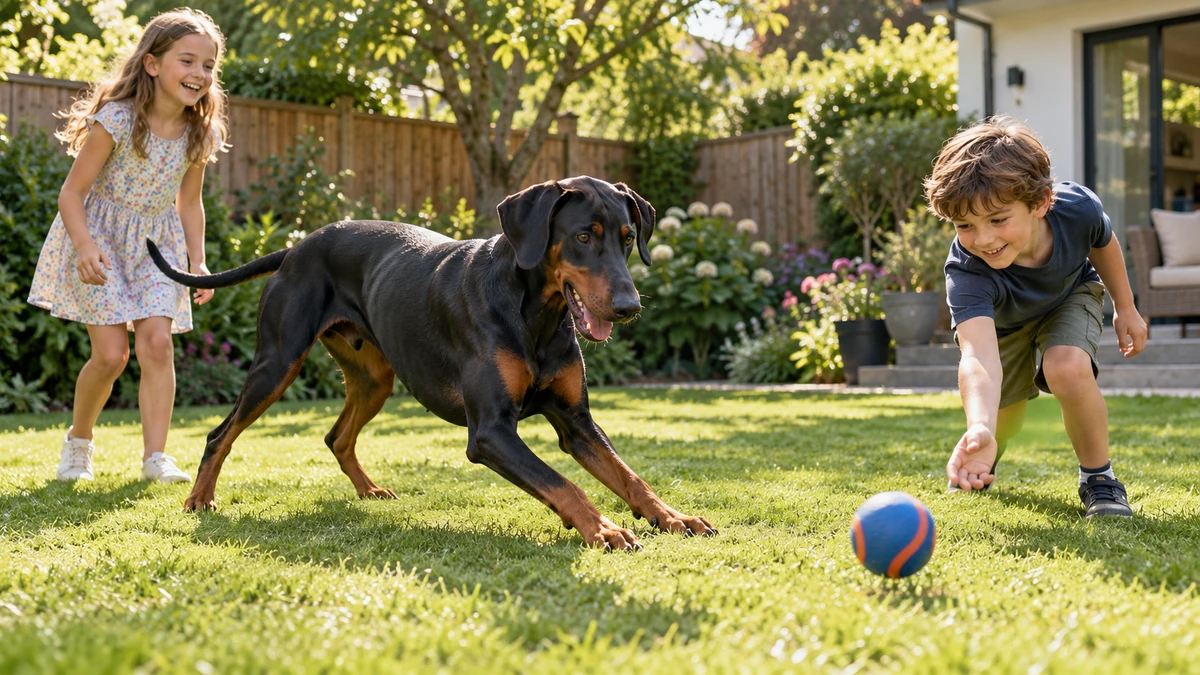 Doberman köpek — çocuklarla oyun