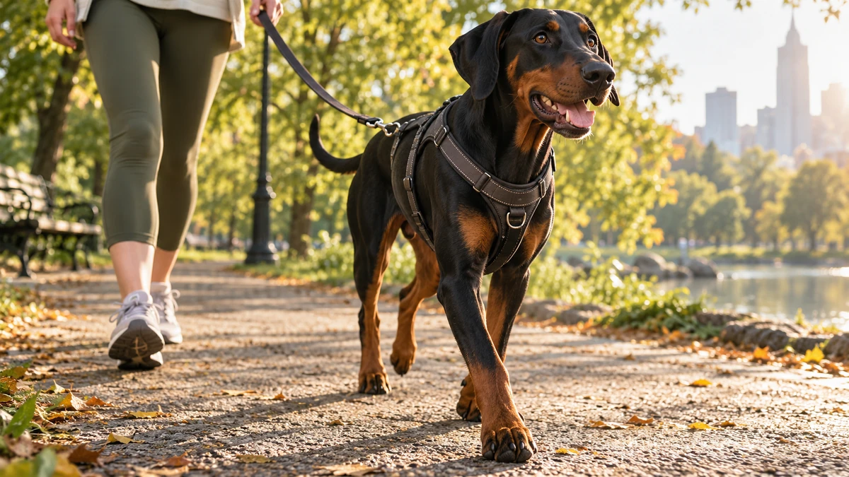 Doberman köpek — parkta yürüyüş ve egzersiz
